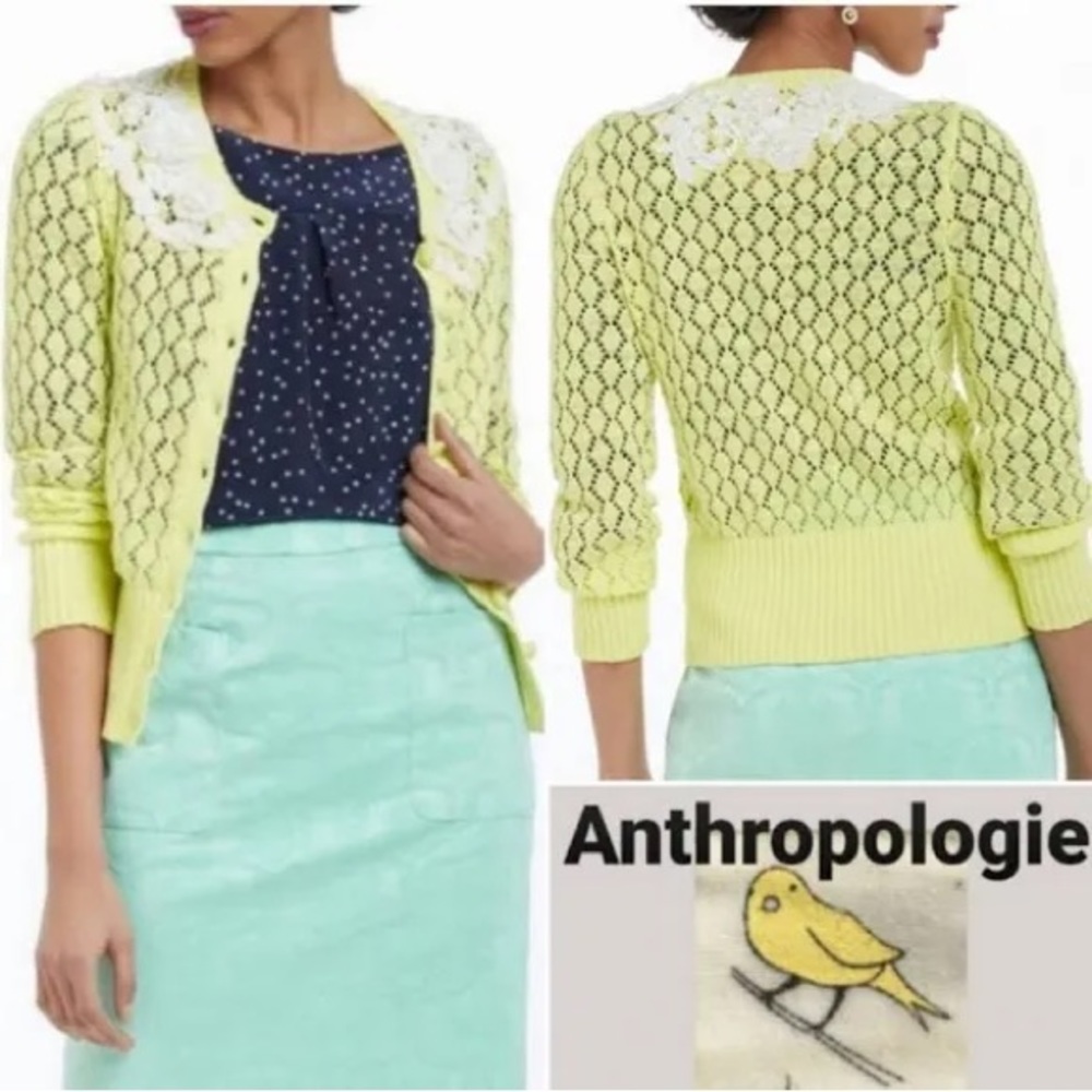 NWT Anthropologie / Medium / Chartreuse L/S sweater with lace floral neckline